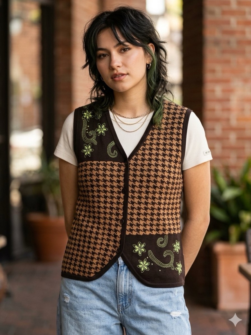 Vintage Deadstock Bechamel Size S Houndstooth Brown Sweater Vest Twee Embroidery